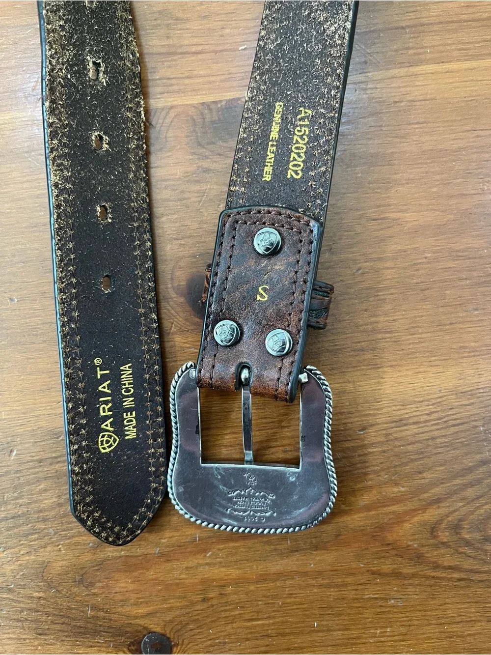 Ariat Brown Tooled Leather Belt with Silver Studs and Decorative Buckle